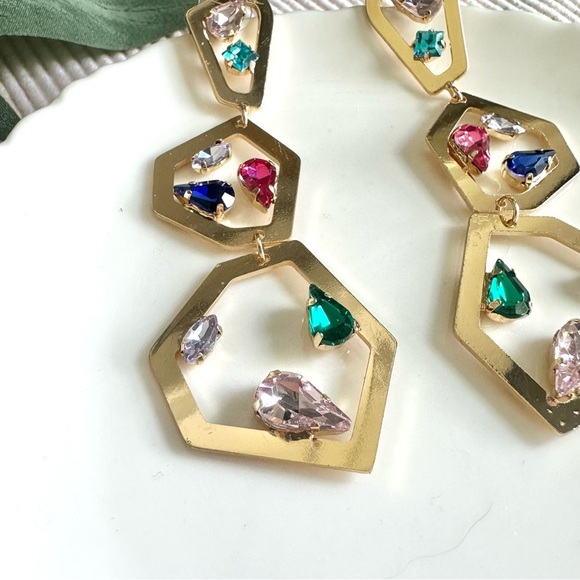 2/$30🌵 Gold Geo Multicolor Rhinestones Earrings Sparkle Large Jewelry Boho NEW - Picture 8 of 11